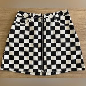 SUNSET + SPRING checkered black and white denim round zipper skirt S